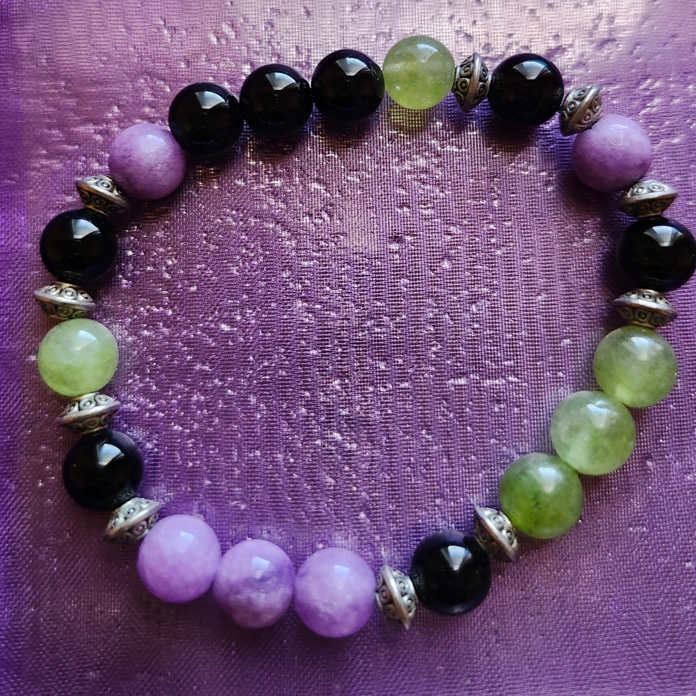 Onyx, Green Jade, and Purple Jade Beaded Bracelet.